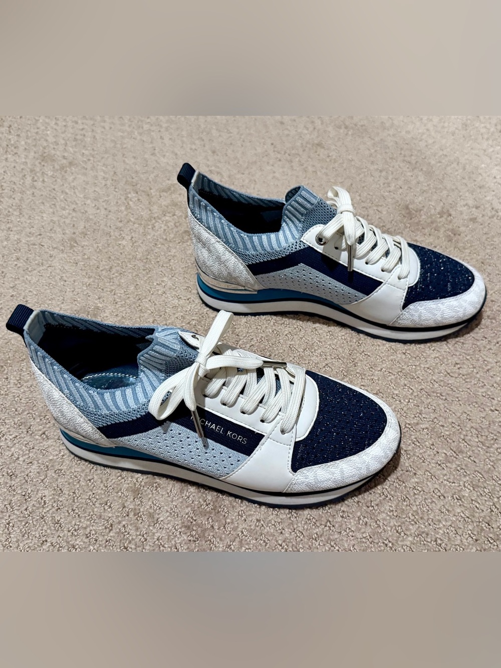 Michael Kors Women’s Navy, White and Light Blue Knit Lace-Up Sneakers